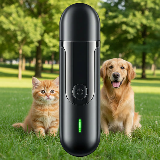 Black electronic device with a green indicator light on a white background